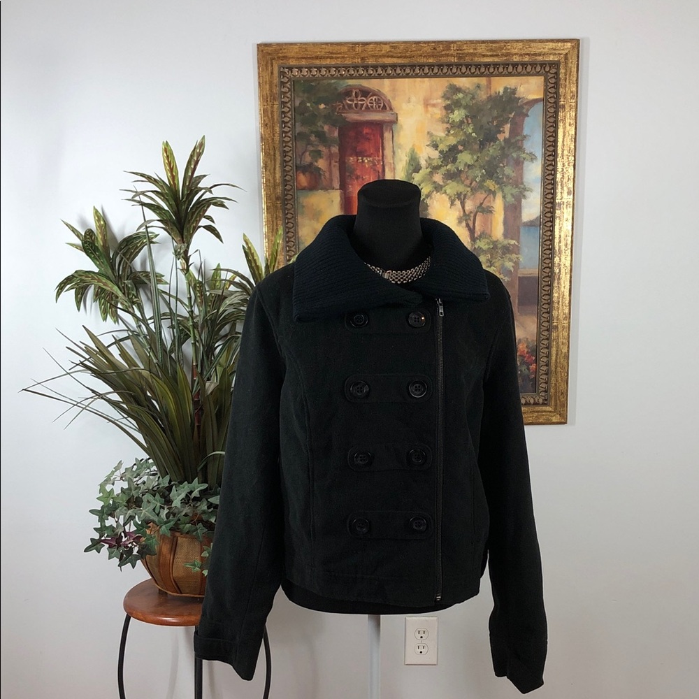 6 Degrees Black Double-Breasted Pea Coat Collared long sleeve Full Zipper Front